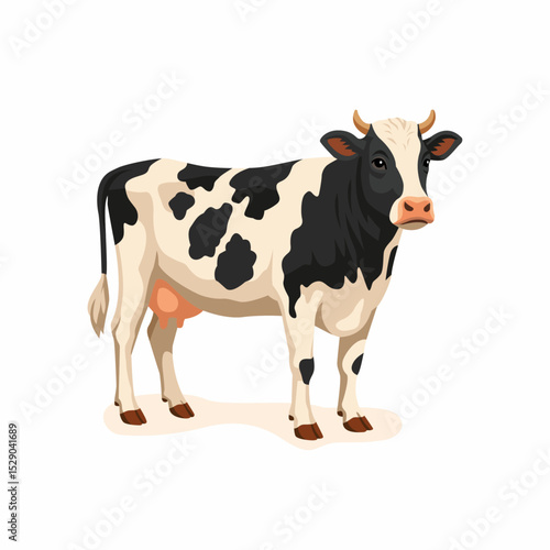 A black and white dairy cow stands, facing forward on a white background.
