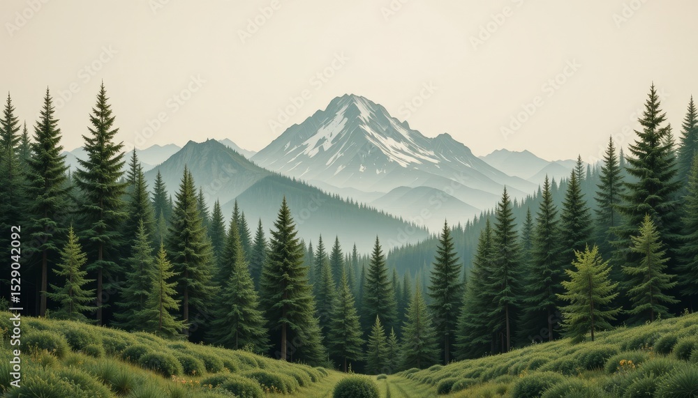 Fototapeta premium Serene Mountain Forest Landscape Evergreen Trees and Misty Peaks