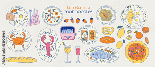 Set of hand drawn whimsical illustrations of italian food and drinks. Lobster, crab, pizza, lemons, tomatoes, pasta on plates. La dolce vita dinner party. Slow living concept. Vector graphic