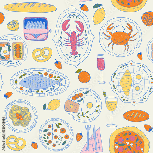 Seamless vector pattern with hand drawn whimsical illustrations of italian food and drinks. Lobster, crab, pizza, lemons, tomatoes, pasta on background. La dolce vita dinner party wallpaper