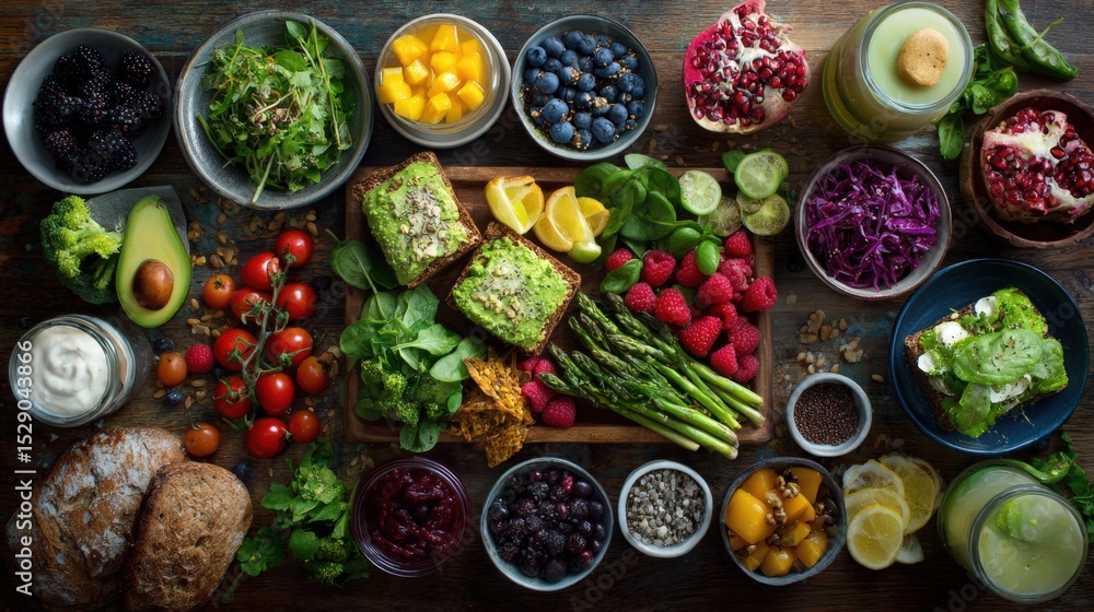 Vibrant overhead shot of healthy food: fruits, vegetables, smoothies, and toasts. Ideal for blogs, websites, and recipe books promoting healthy eating and wellness. Vibrant overhead shot of healthy food: fruits, vegetables, smoothies, and toasts. Ideal for blogs, websites, and recipe books promoting healthy eating and wellness.