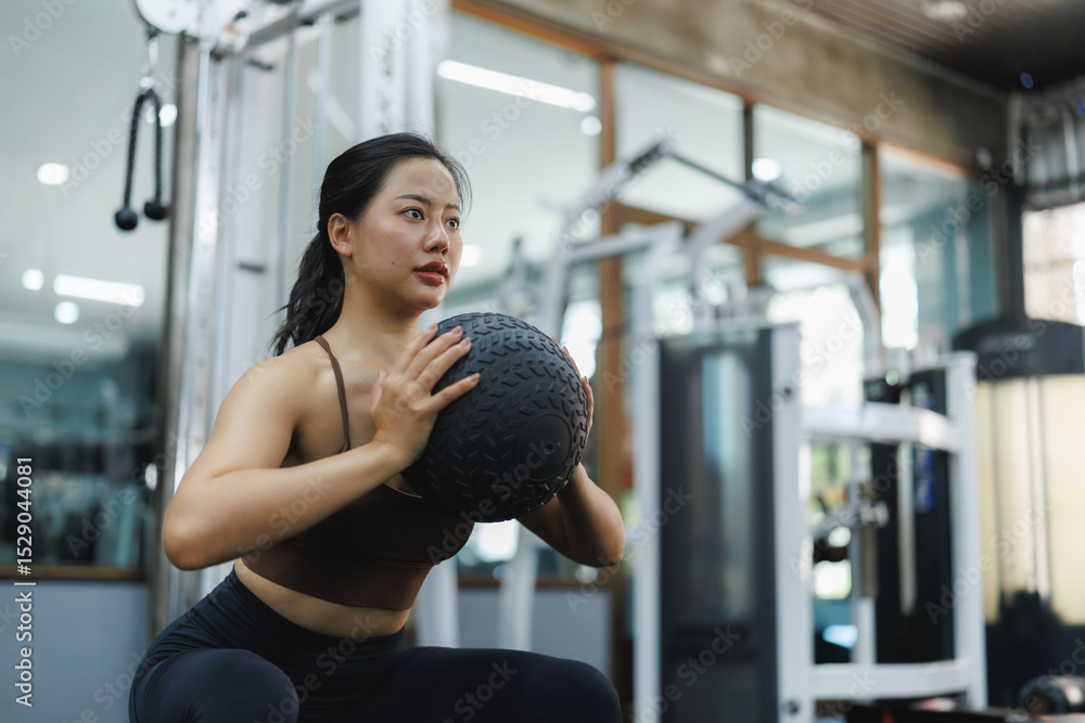 Fototapeta premium Asian woman performing squats with medicine ball in gym