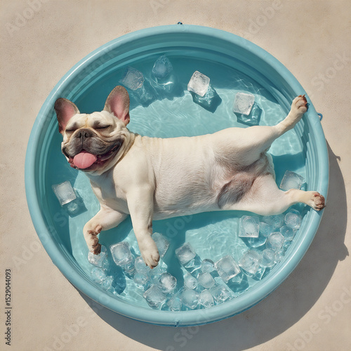 French Bulldog relaxing in a kiddie pool filled with ice cubes during a sunny summer day