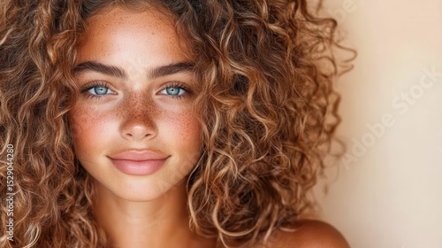 A close-up portrait of a charming girl with curly hair and beautiful freckles, embodying innocence and natural beauty with her captivating smile and sparkling blue eyes.
