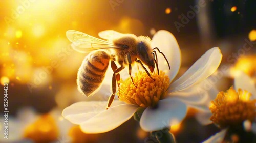 A bee is collecting honey on a flower, and the flower is yellow. The bee is surrounded by a lot of light, which makes the scene bright and cheerful.
