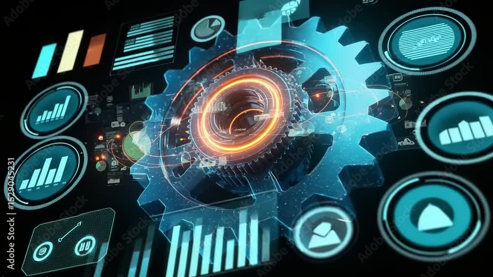 Futuristic digital gear with glowing elements and data overlays, representing technology and innovation Futuristic digital gear with glowing elements and data overlays, representing technology and innovation