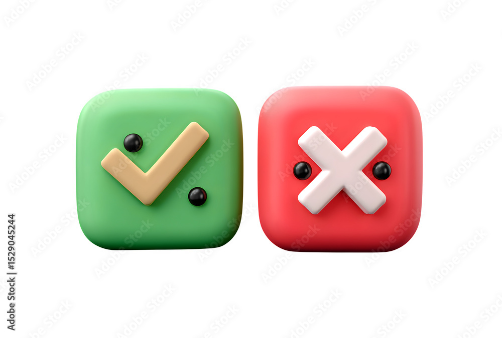 Fototapeta premium Check Mark and X Symbol 3d Rendered isolated on transparent background