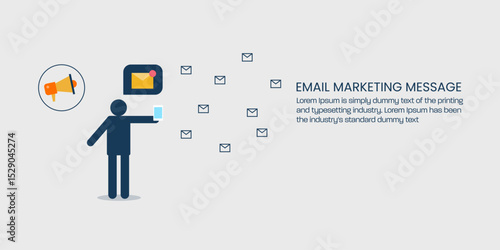 Stick figure holds a mobile, floating emails and megaphone symbolise promotional campaign and digital communication.