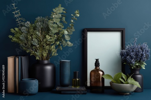 Wallpaper Mural Botanical Still Life With Dark Blue Background, Featuring Home Decor and Minimalist Style for Interior Design Mockup : Generative AI Torontodigital.ca