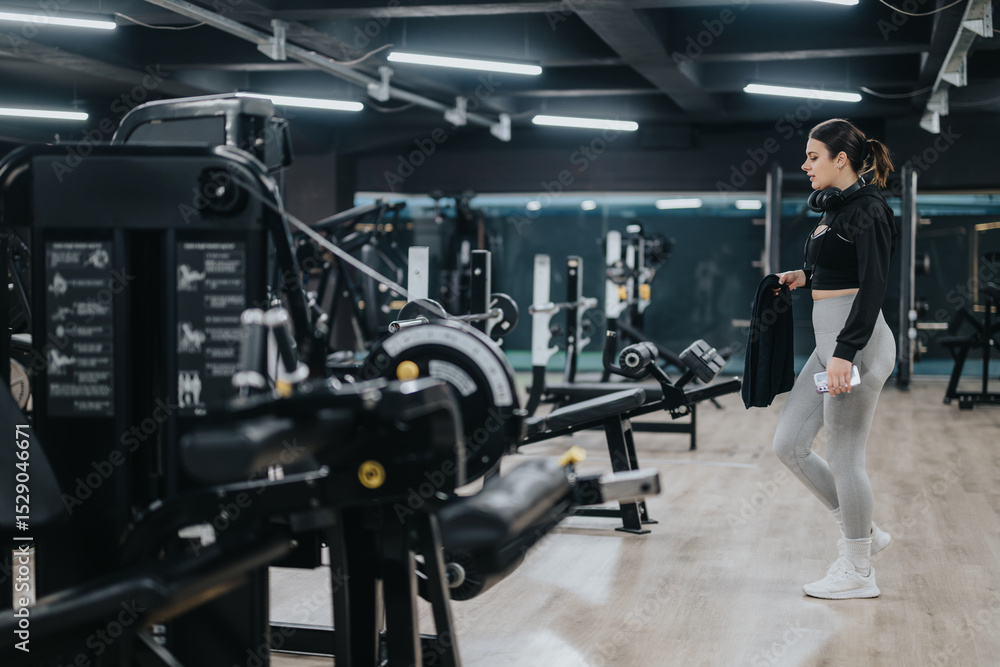 Fototapeta premium A young woman wearing athletic clothes stands in a modern gym, surrounded by professional fitness equipment as she gets ready for a workout session.
