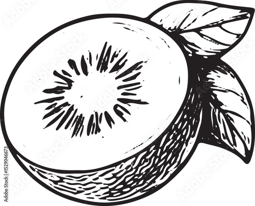 A detailed hand-drawn sketch of a tropical kiwi fruit slice with textured seeds and juicy flesh, rendered in black-and-white. Ideal for culinary art, packaging, or nature-inspired designs, 