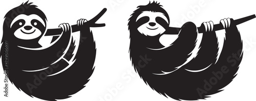 Cute Sloth Silhouette Vector Duo: Happy Tropical Animals Hanging on Branches Artwork