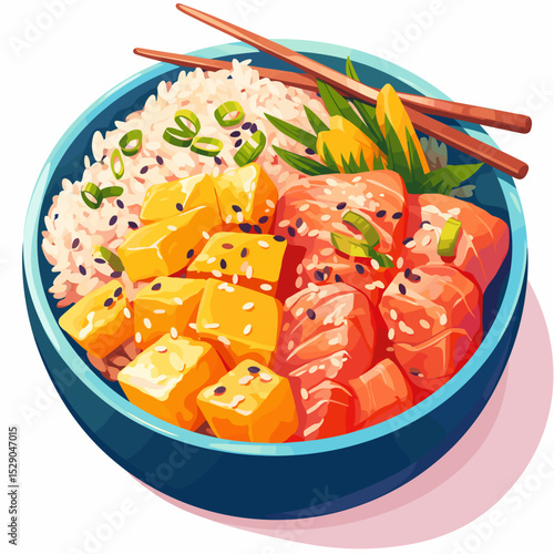 Colorful Tropical Poke Bowl with Salmon and Mango – Vector Art
