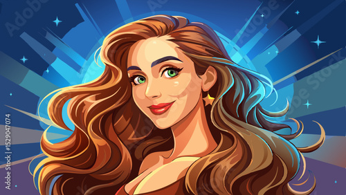 A beauty model girl with long curly hairstyle smiles softly. This beautiful woman’s profile glows with shiny wavy hair, blending timeless fashion, perfect cosmetics, and elegant everyday makeup.