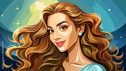 A beauty model girl with long curly hairstyle smiles softly. This beautiful woman’s profile glows with shiny wavy hair, blending timeless fashion, perfect cosmetics, and elegant everyday makeup.