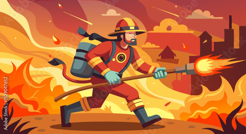 Brave Firefighter Battling Flames with Hose – Vector Illustration