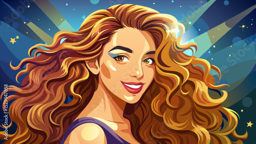 A beauty model girl with long curly hairstyle smiles softly. This beautiful woman’s profile glows with shiny wavy hair, blending timeless fashion, perfect cosmetics, and elegant everyday makeup.