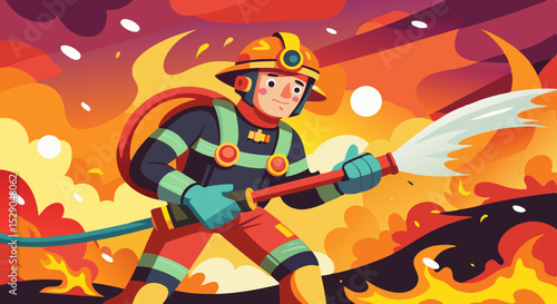 Brave Firefighter Battling Flames with Hose – Vector Illustration