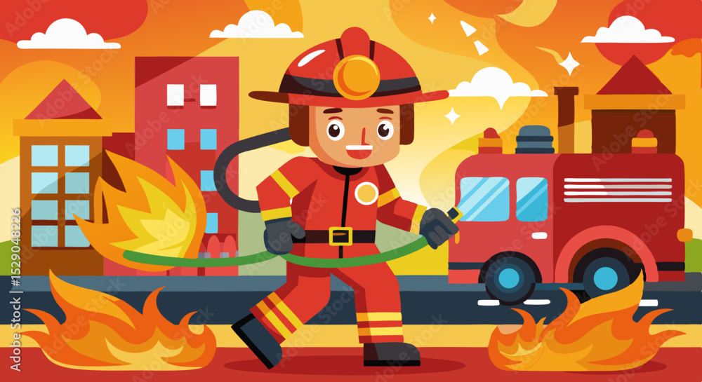 Obraz premium Brave Firefighter Battling Flames with Hose – Vector Illustration