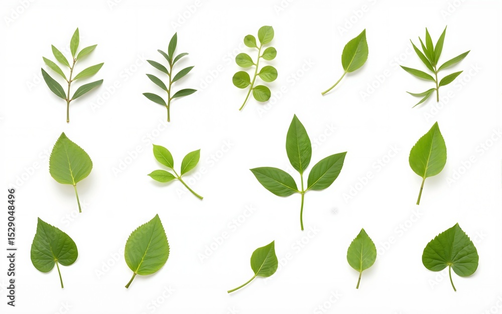 Naklejka premium Various Green Leaves Isolated on White Background for Nature Themes, isolated on transparent background. High quality