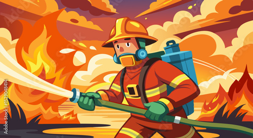 Brave Firefighter Battling Flames with Hose – Vector Illustration