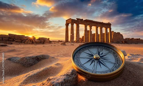 Ancient Ruins and Compass at Sunset in the Desert