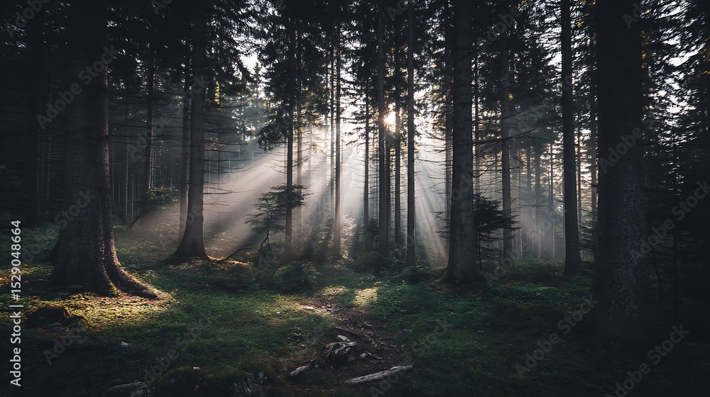 Obraz premium Sunbeams through a dark woodland forest