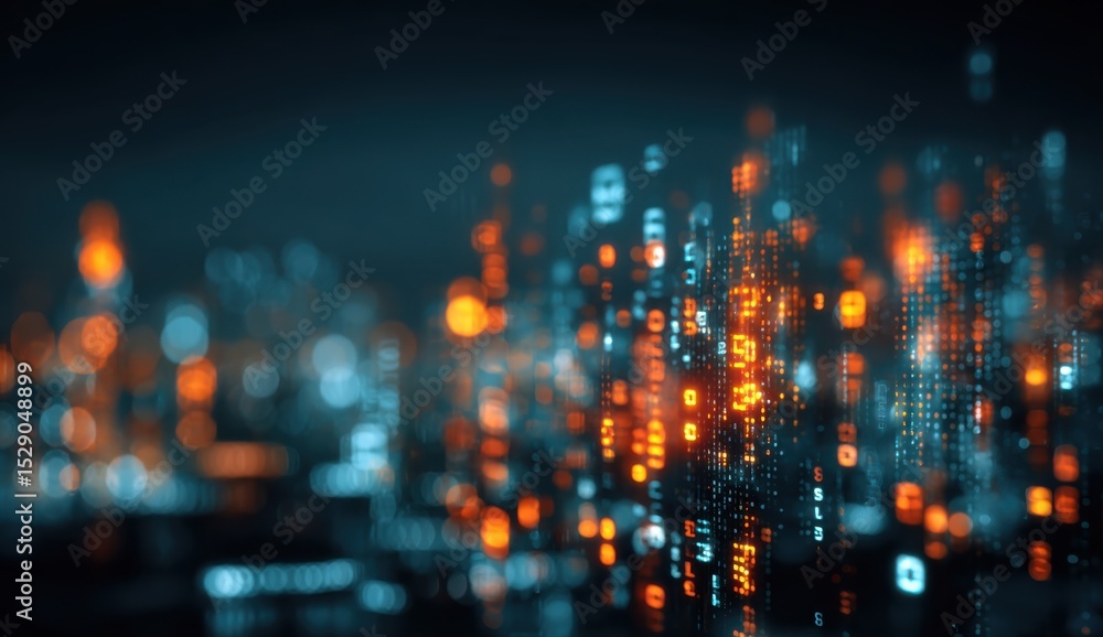 Obraz premium Abstract Digital Cityscape at Night With Glowing Data, Representing Innovation and Technological Advancement for Modern Business : Generative AI