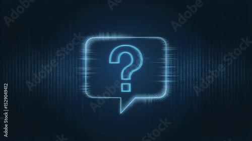 A glowing question mark inside a message bubble with flowing digital data. Usable for intros or transitions emphasizing questions answers and information.