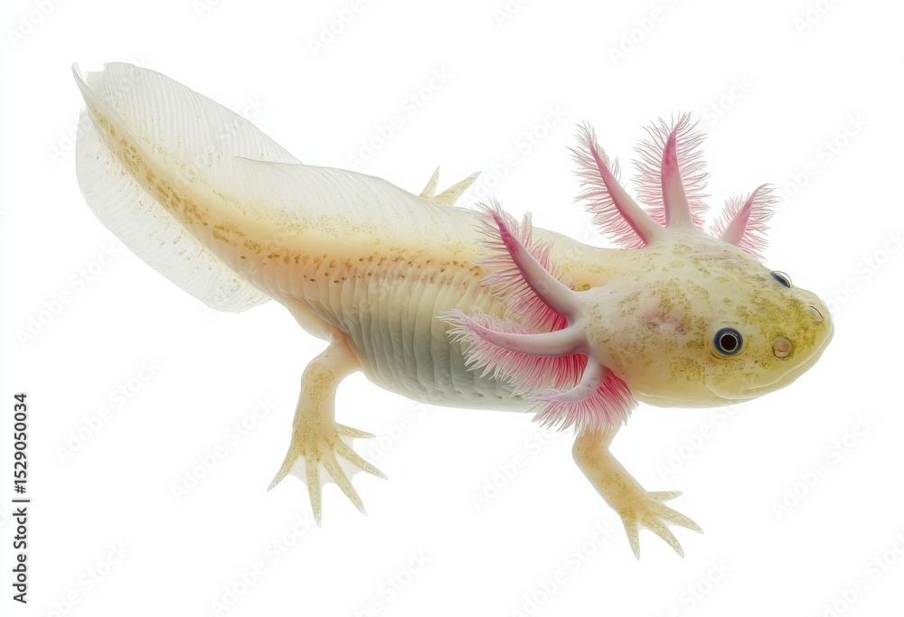 Fototapeta premium Albino Axolotl on White Background, Representing Endangered Species Awareness and Conservation Efforts : Generative AI