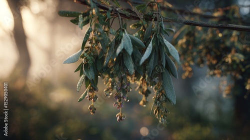 Close-up of a bundle of wild herbs hanging from a branch, dew-covered leaves in soft morning light, beautifully detailed and natural