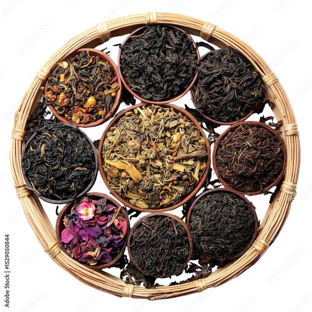 Fototapeta premium Beautiful assortment of various loose teas displayed round bamboo basket, showcasing vibrant colors and textures. arrangement includes black