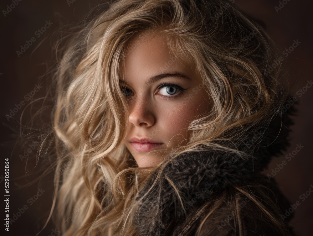 Naklejka premium Stunning portrait of a young blonde woman with captivating blue eyes. The image evokes a sense of mystery and elegance. Ideal for fashion, beauty, and advertising.