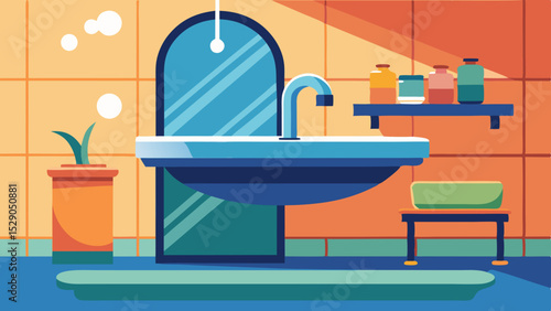 Modern Bathroom Sink Interior with Plants and Mirror – Vector Illustration