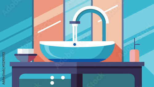 Modern Bathroom Sink Interior with Plants and Mirror – Vector Illustration