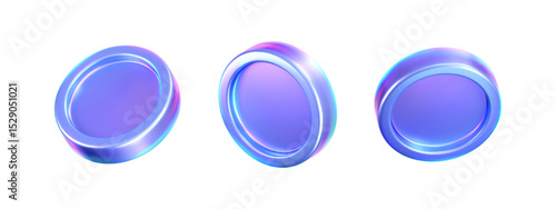 3D holographic coin icon with purple neon effect isolated on a white background. Iridescent chrome coin render, game token, casino chip, digital currency or holo reward medal. 3D vector illustration