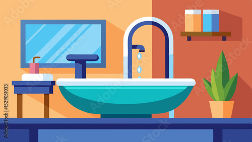 Modern Bathroom Sink Interior with Plants and Mirror – Vector Illustration
