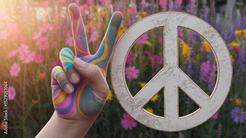 peace sign with hand with flowers