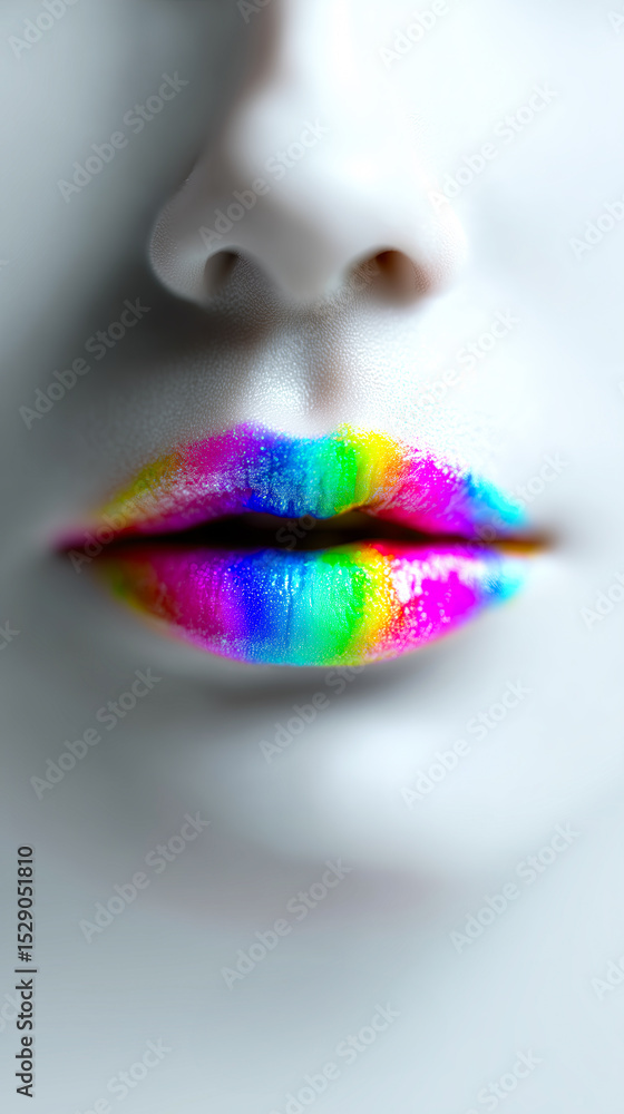 Fototapeta premium A single pair of glossy lips in soft gradient pride flag colors centered on a clean white background.