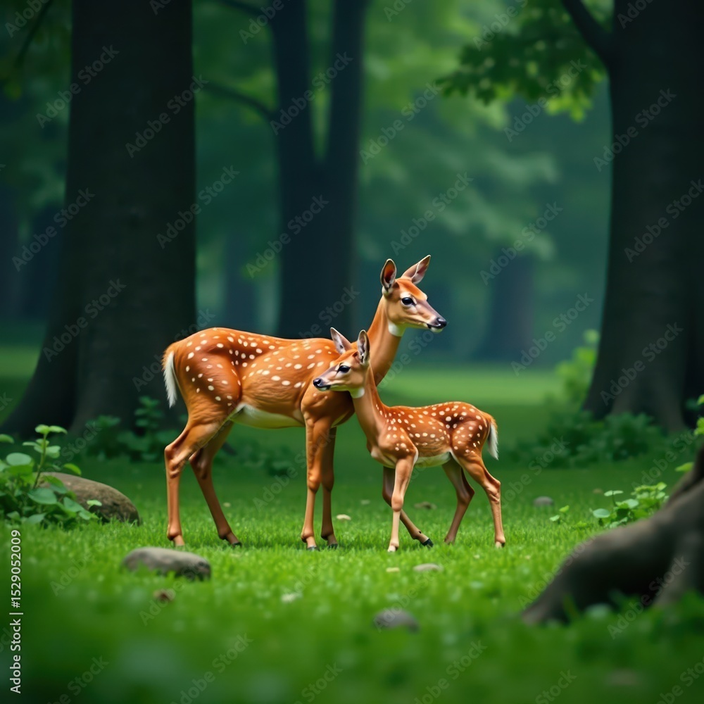 Dense forest, young deer huddling near mother, trees, instinct Dense forest, young deer huddling near mother, trees, instinct