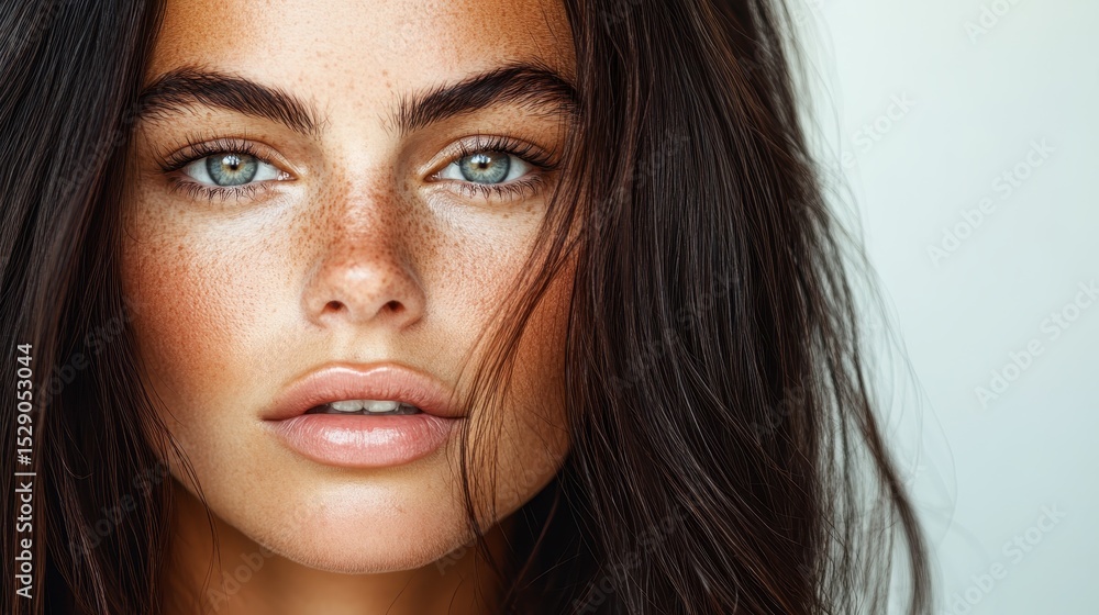 Fototapeta premium A stunning close-up portrait of a young woman beautifully showcases her striking features, captivating gaze, and flawless skin, highlighting her natural beauty and confidence.