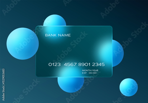 Futuristic glassmorphism credit card with glowing blue spheres on a dark gradient background, modern banking UI concept.