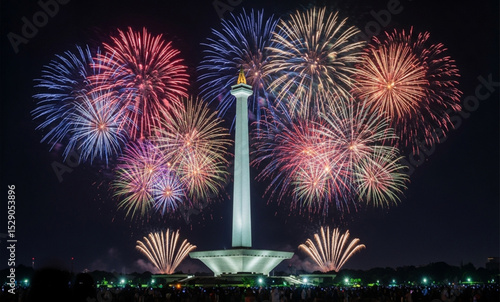 Monas Tower Fireworks Display at Night | Independence Day Celebration in Jakarta, Indonesia for Travel and Tourism