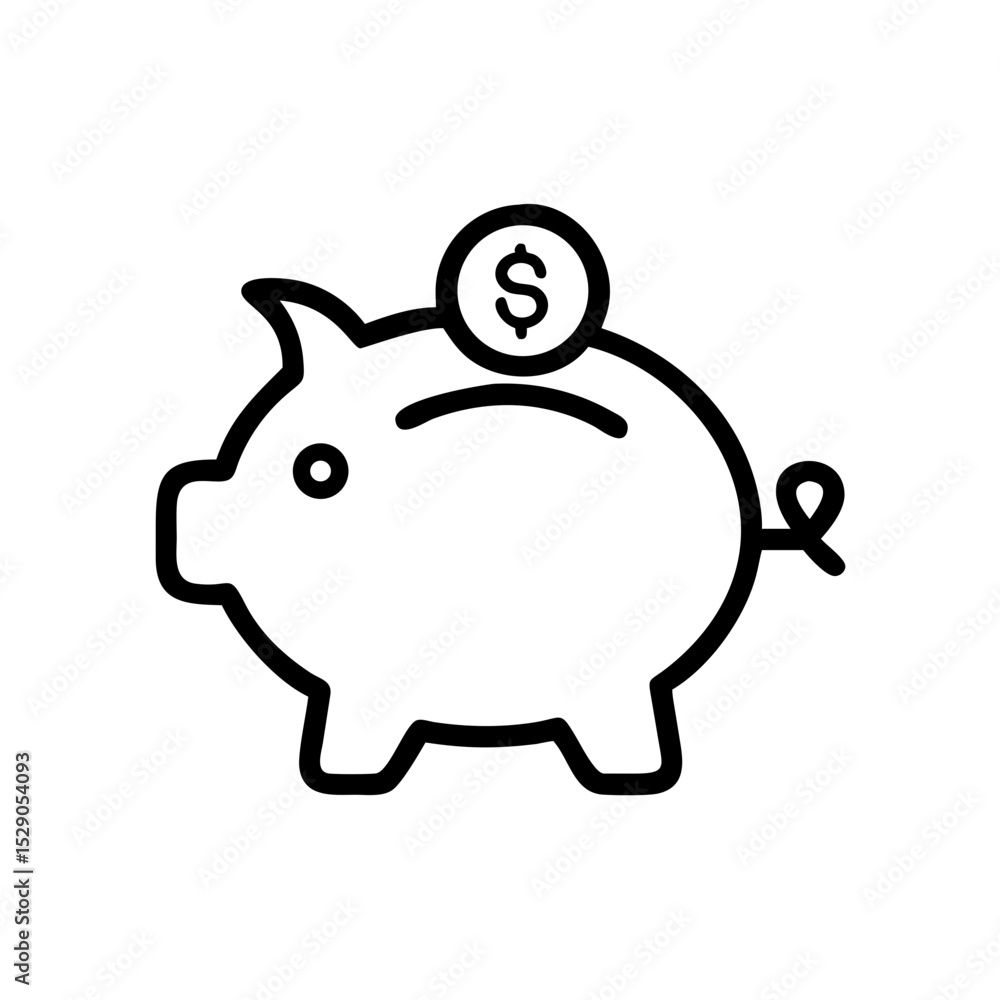 Minimalist black outline vector icon of a piggy bank with a coin on top, symbolizing business, banking, and investments in a clean and simple design Minimalist black outline vector icon of a piggy bank with a coin on top, symbolizing business, banking, and investments in a clean and simple design