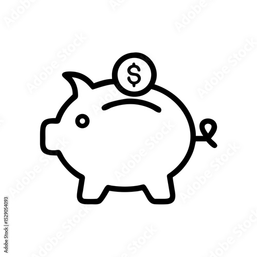 Minimalist black outline vector icon of a piggy bank with a coin on top, symbolizing business, banking, and investments in a clean and simple design