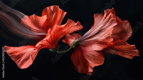 a long exposure photo capturing a single, exquisite velvet texture vibrant bright deep red hollyhock flowers, soft pedals edges. The petals bloom softly