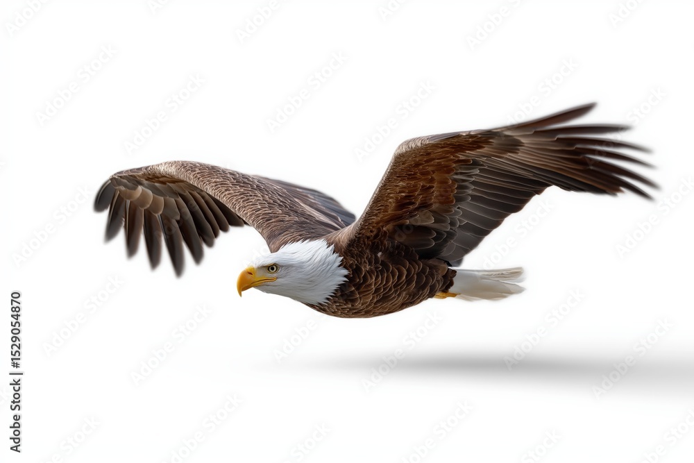 Fototapeta premium Majestic bald eagle in flight with outstretched wings against white background
