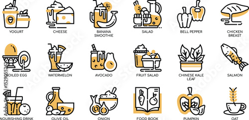 Delicious Food and Drink Icons A Colorful Collection of 20 Yummy Illustrations in EPS Format, Perfect for Menu Design, Recipe Books, and Culinary Websites.