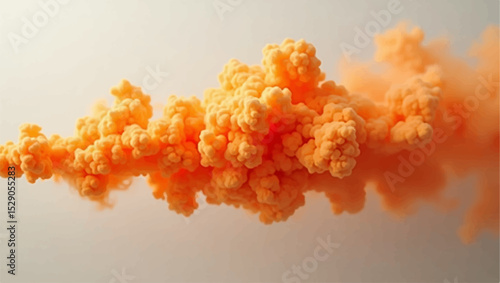Generate a photorealistic image of a vibrant, swirling cloud of bright orange smoke or pigment drifting across a soft, light grey to off-white gradient background, evoking a sense of gentle movement.