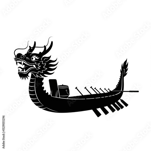 A silhouette of a dragon boat, white background.